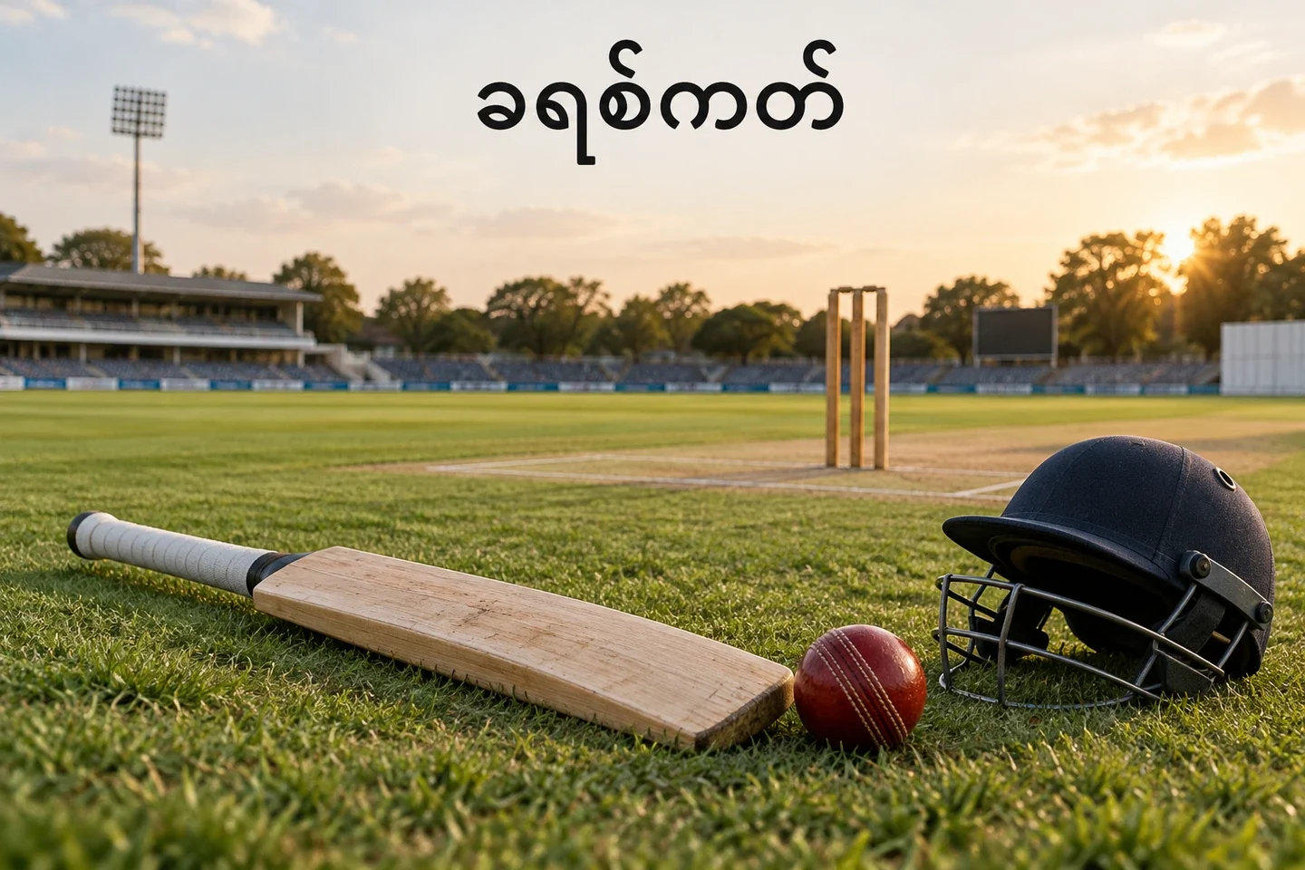 ခရစ်ကတ်ဘတ်၊ ဘောလုံးနှင့် ဝစ်ကတ်တို့ ပါသော ကွင်းမြင်ကွင်း