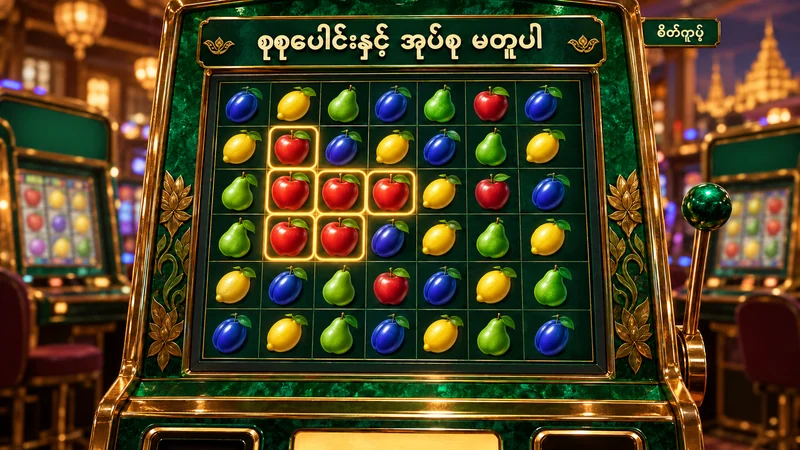 စိတ်ကူးစလော့မျက်နှာပြင်ပေါ်တွင် ဆက်နေသော ပန်းသီးခြောက်ခုကို ရွှေရောင်အနားဖြင့် ပြထားပုံ