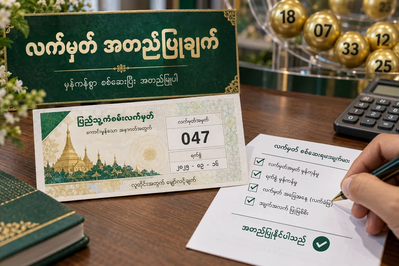047 စိတ်ကူးလက်မှတ်၊ ထီဘောလုံးများနှင့် အော်ဒါစစ်ဆေးရေးစာရွက်ကို ပြထားသောပုံ