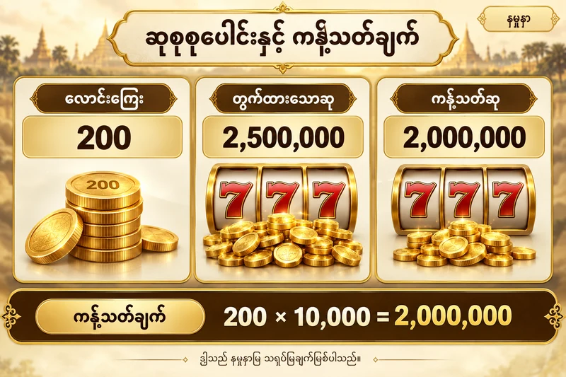 ၂၀၀ ကြေးအတွက် ၁၀,၀၀၀ ဆကန့်သတ်သည့် ဆုတွက်ချက်နမူနာ